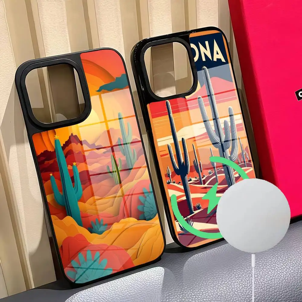 

Desert And Cacti Art Phone Case For Iphone 16 15 14 12 11 13 Pro Max Mini Puls Magnetic Glass Cover