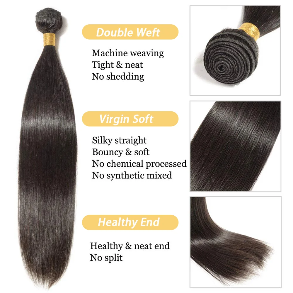 Straight Brazilian Virgin Human Hair Bundles Weave Natural Black Unprocessed Human Hair Bundles Double Weft Extensions 20 Inch