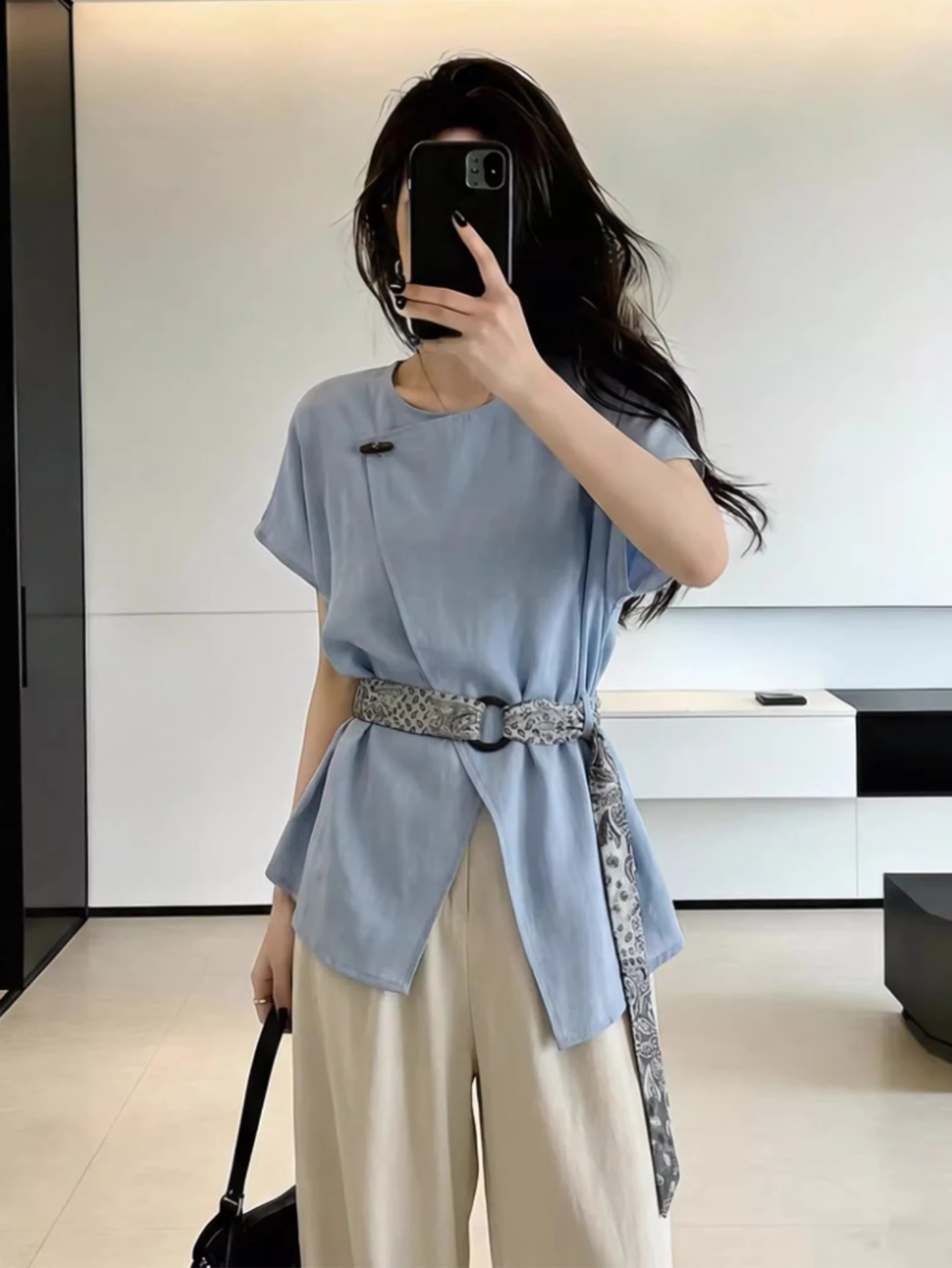 

Светло-голубой женский летний топ больших размеров с этническим шелковым шарфом и завязками на талии, в корейском стиле, для повседневной носки