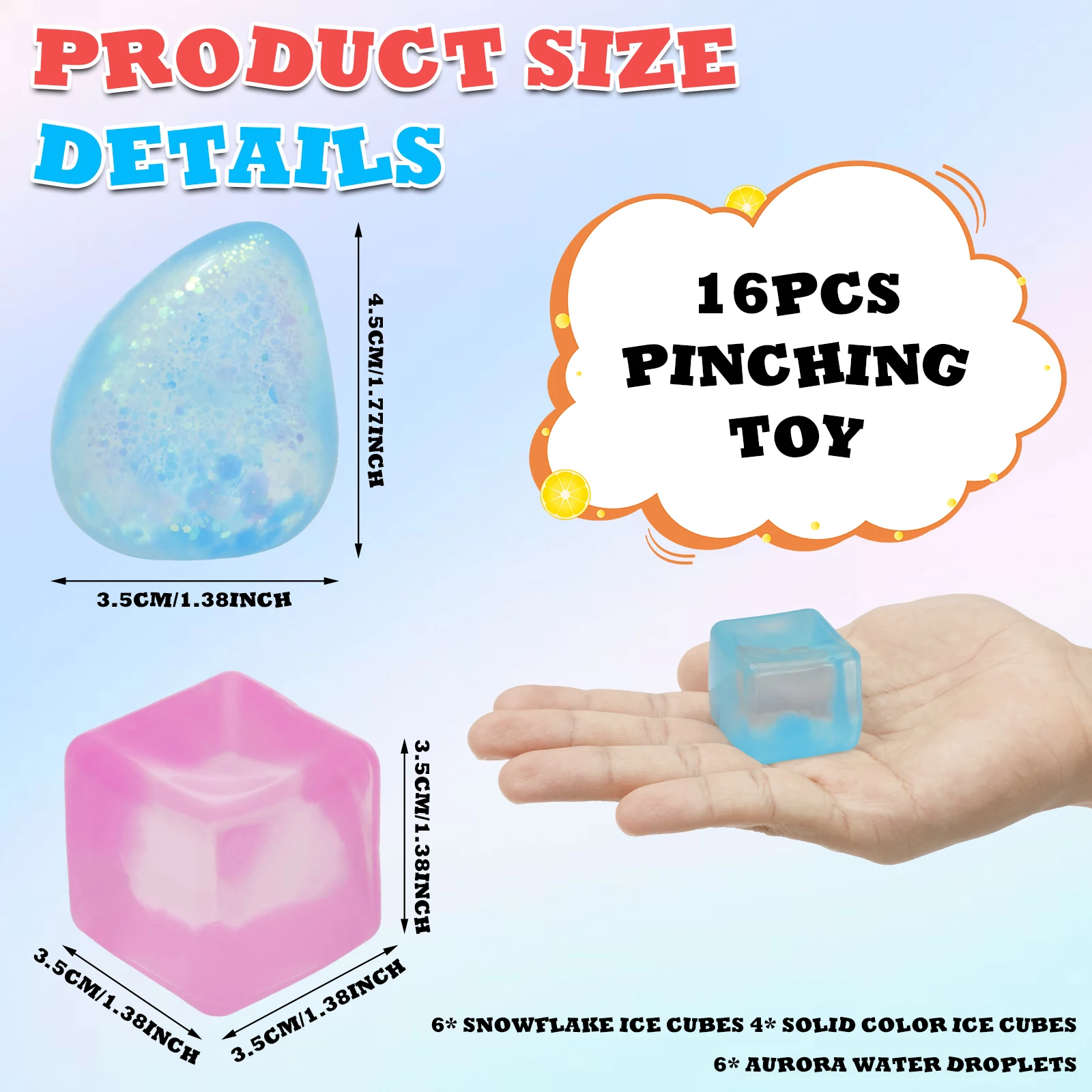 16 pezzi quadrati palla antistress di ghiaccio giocattoli agitarsi sollievo dallo stress ADHD autismo giocattoli sensoriali morbidi e squishy bomboniere regali per bambini adulti