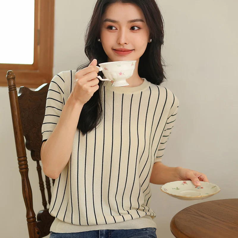 Women\'s New Round Collar Vertical Stripes Pullover Vest 100% Cotton Short-sleeved Tees Sweater Summer Knitted Bottoming T-shirt