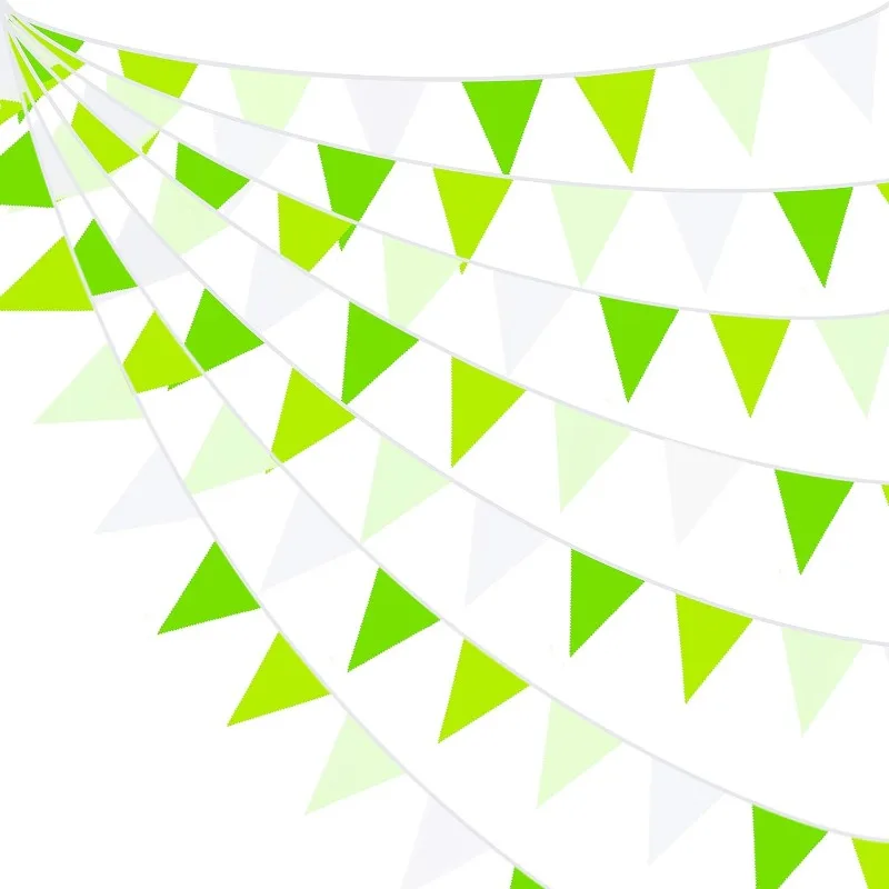 10M/32Ft Green White Banner Party Decorations Triangle Flag Fabric Banner Pennant Bunting for Home Nursery Outdoor Garden Decor