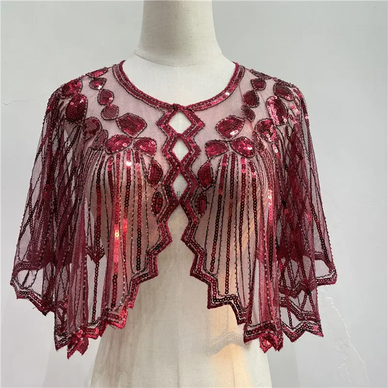 1920s Flapper Shawl Sequin Beaded Short Cape Beaded Decoration Great Gatsby Party Mesh Short Cover Up Dress Accessory Disfraz