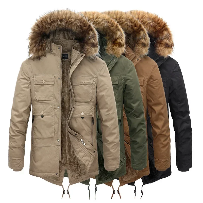 2024 Winter Men S European and American Casual Long Hooded Parka Coat with Faux Fur Collar Mid Length Warm Jacket  Hoodies