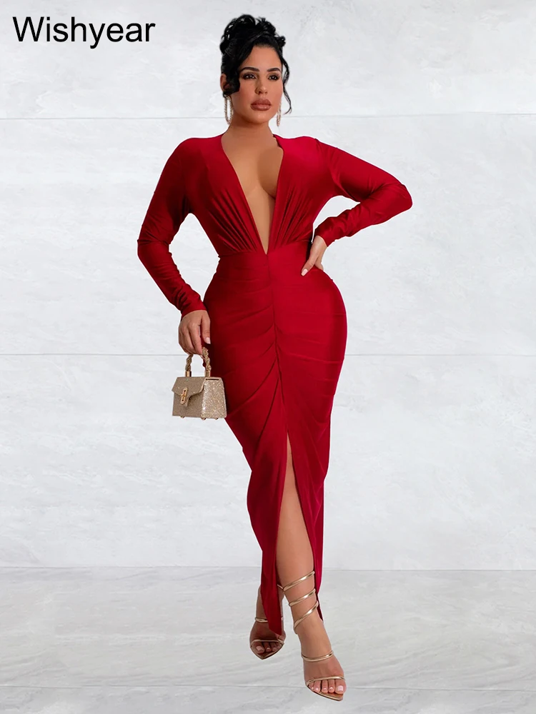 Wishyear elegancka sukienka koktajlowa dla kobiet czerwona z długim rękawem głęboki dekolt w serek z przodu rozcięcie Bodycon przyjęcie urodzinowe nocne Vestidos