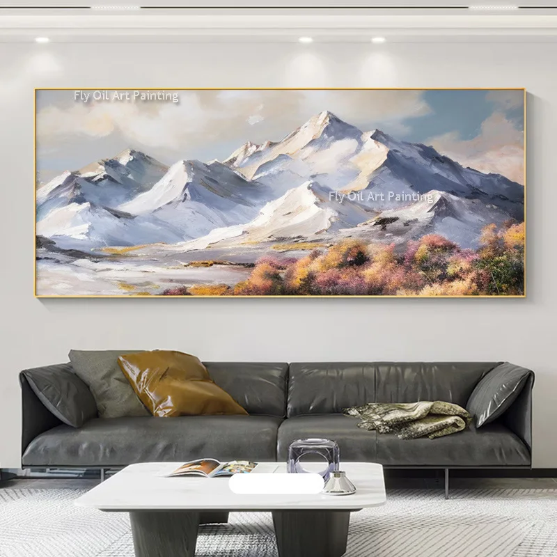 Large Landscape Oil Painting Hand Drawn Snowy Mountains View Canvas Wall Art Modern Artwork For Dining Room Living Room Decor