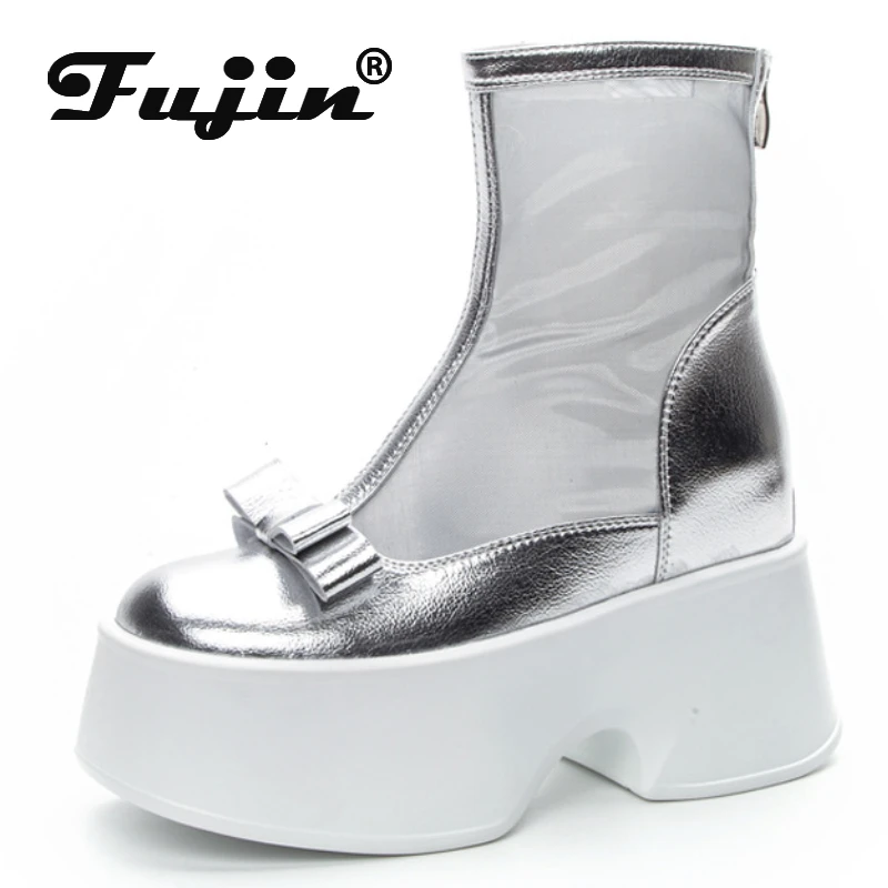 Fujin 11cm Air Mesh Breathable Motorcycle Ankle Boots Summer Ladies Hollow ZIP Boots Woman Fashion Patent Leather Shoes Sandals