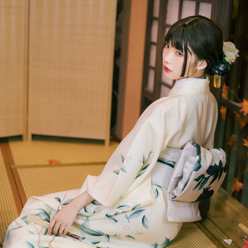 

Japanese Lady Yukata Dress Traditional Kimono with Obi Haori Long Robe Retro Sakura Cosplay Geisha Dance Performance Costume