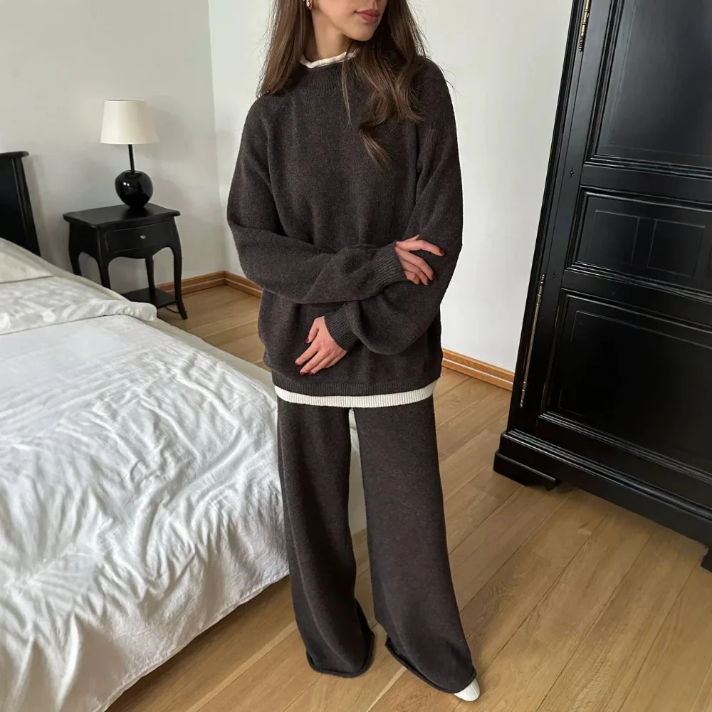 Light Luxury Wool Blend Sweater Wide Leg Pants Suit Autumn and Winter Women Trendy Thick Warm Daily Office Travel Top Pants 2Pcs