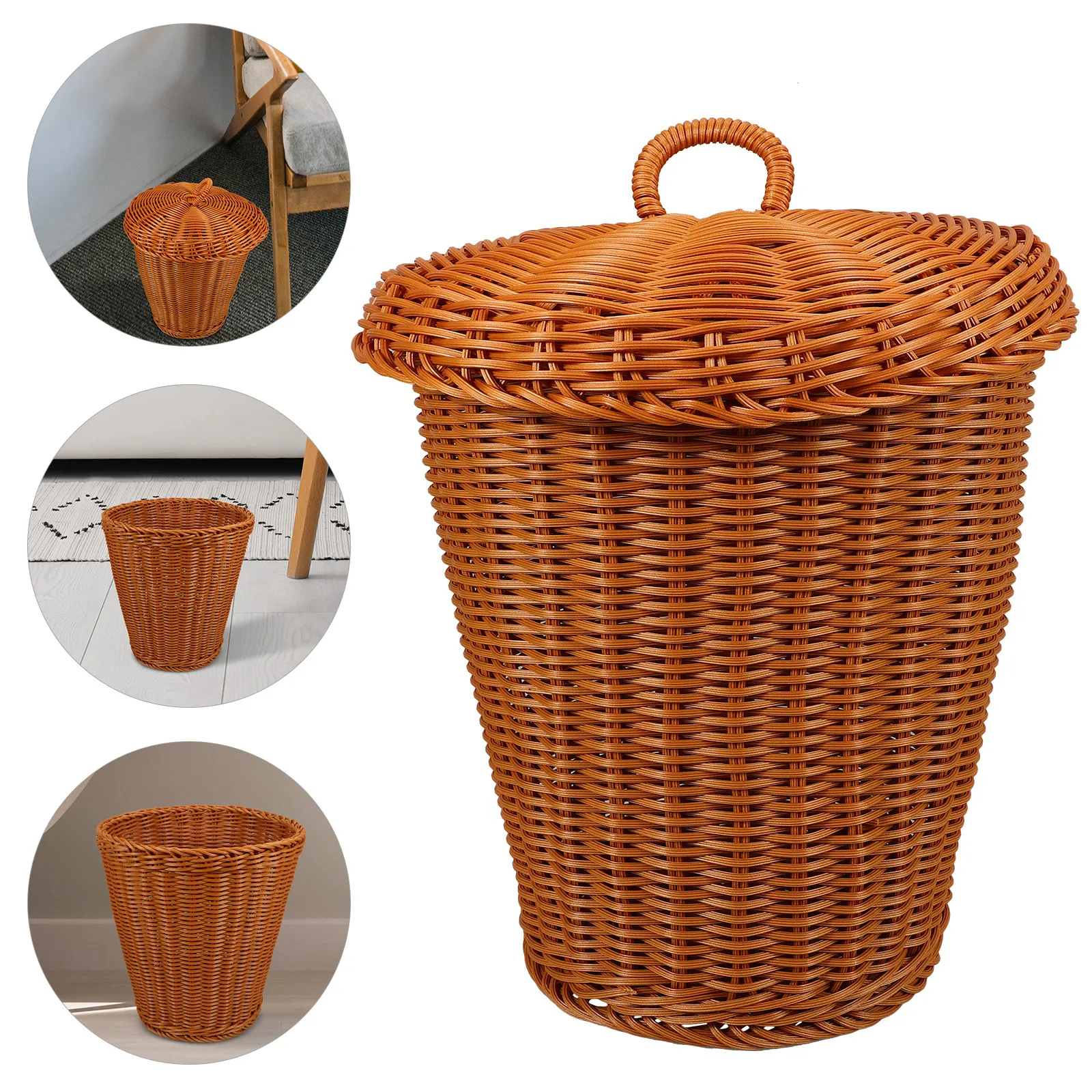 

Imitation Rattan Woven Trash Bin with Lid Decorative Storage Basket for Sundries Living Room Office Household Organizer