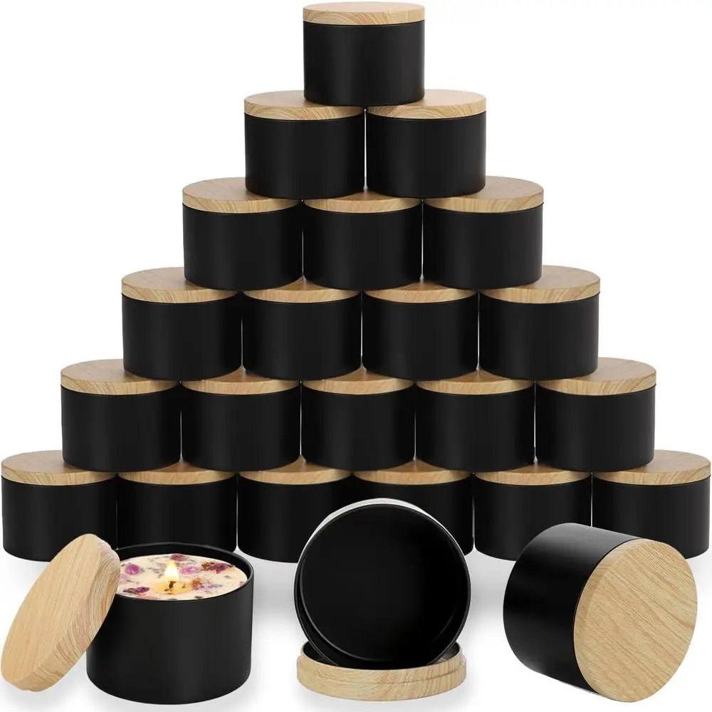 

24-Piece 4oz Black Candle Tins with Wooden Lids, Matte Finish, Empty Metal Containers