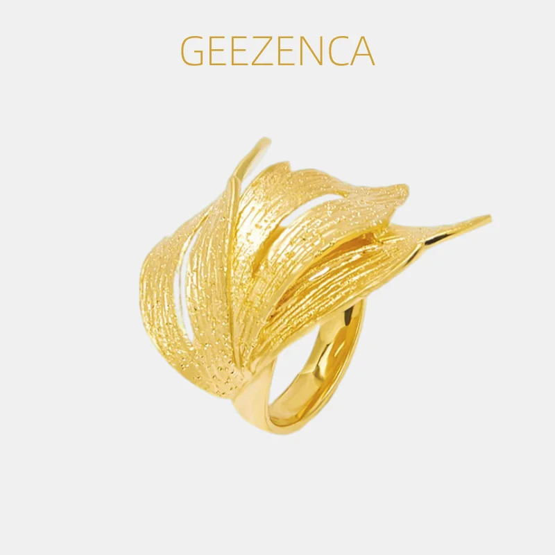 

GEEZENCA Italian Luxury 925 Silver Big Artisitc Leaf Shape Open Cocktail Ring For Women Trendy Chunky Statement Rings Love Gift