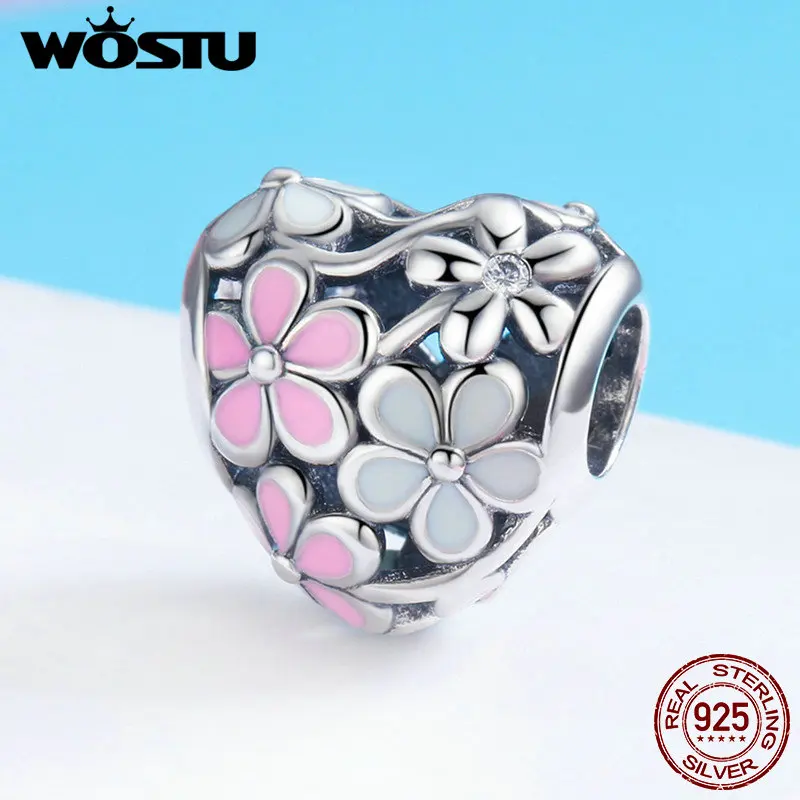 

WOSTU 925 Sterling Silver Spring Pink Daisy Flower Beads Charm Fit Original Bracelet & Bangle Fine Jewelry Gifts FIC761