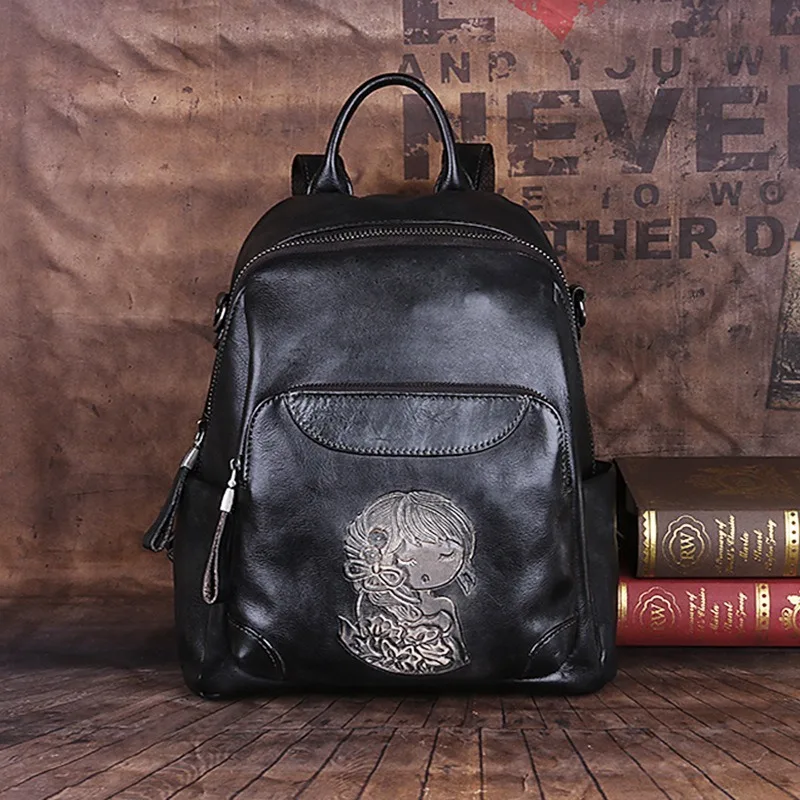 

Genuine Leather Large Capacity Backpack Elegant Retro Style Handbag First Layer Cowhide Shoulder Bag Shoulder Strap Adjustable