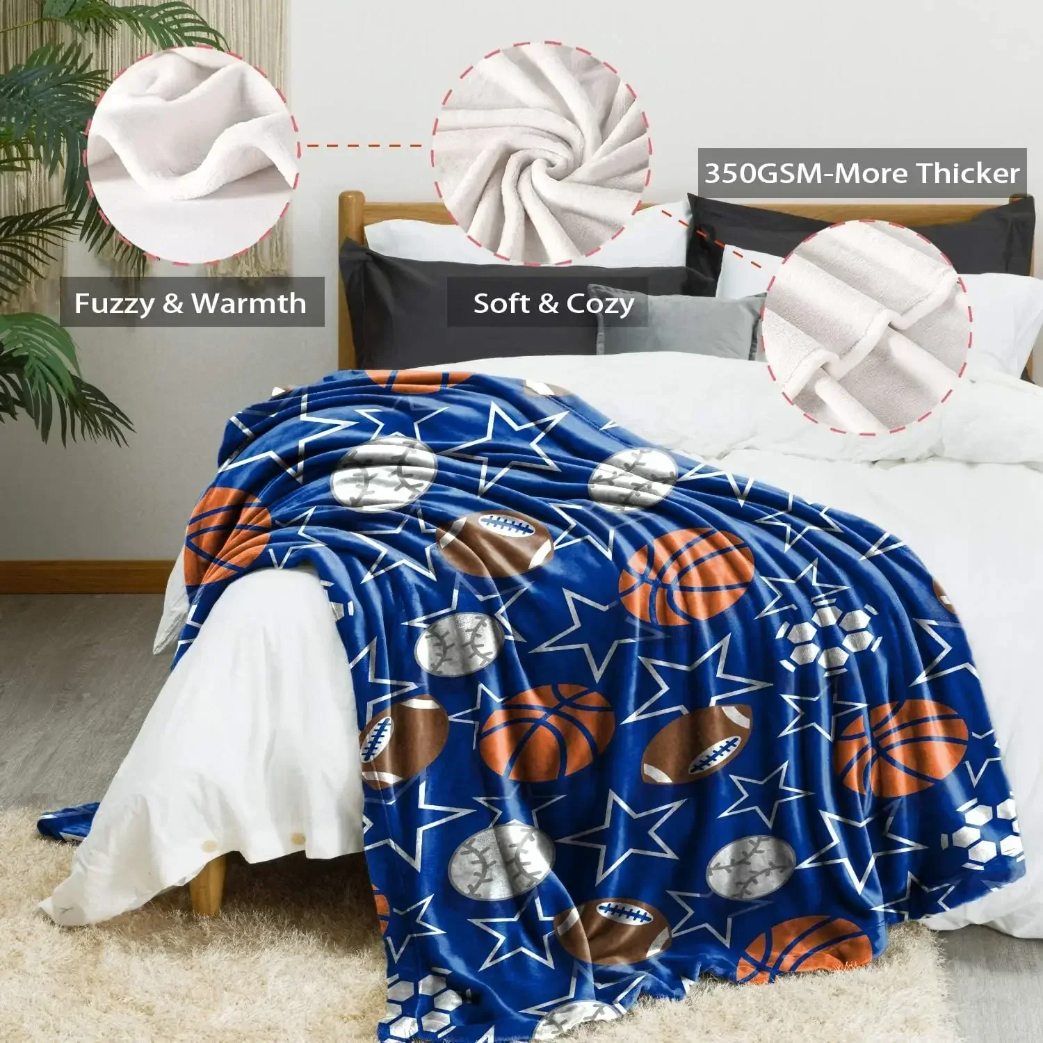 Sports Throw Blanket Basketball Baseball Football Soccer Blanket for Kids Men, Soft Lightweight Fleece Blanket Sport