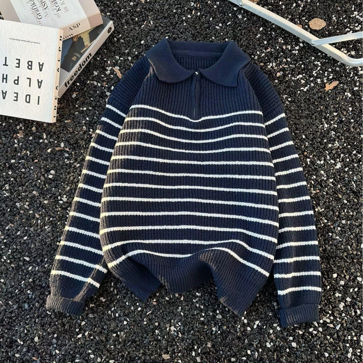 

Мужской повседневный полосатый трикотаж irt Long Sve, свитер с откидным воротником, наряд для пары, полиэфирное волокно, зимний сезон Faion