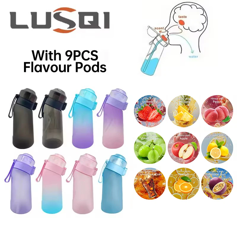 

LUSQI 1PC 500ML Water Bottle With 9 Flavor Pods Transparent With Straw Suitable For Family Outdoor Fitness