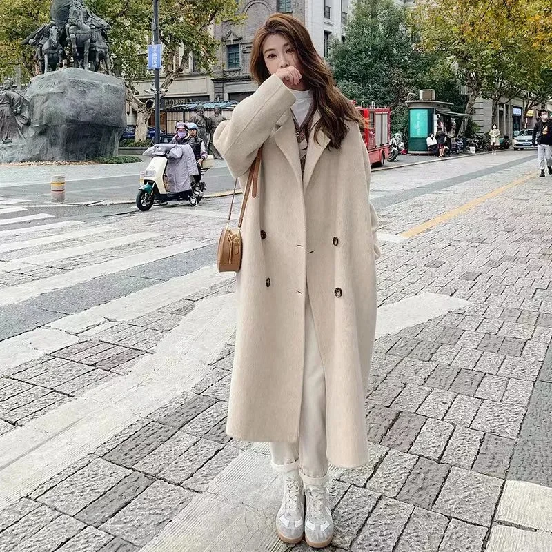 

Autumn Winter 2025 Coat Chic Decent Solid Color Double Breasted Long Sleeve Lapel Long Office Lady Coat For Women