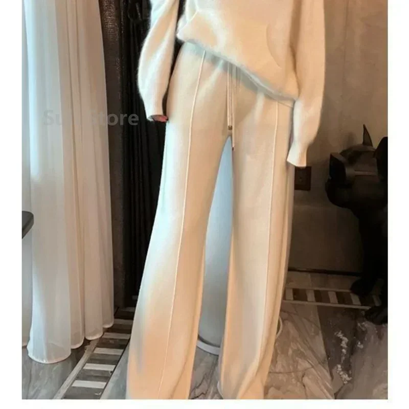 Women\'s Wool Wide-Leg Pants Fall/Winter High Waist Drooping Slimming Casual Loose Straight Knit Mop Trousers Outer Wear