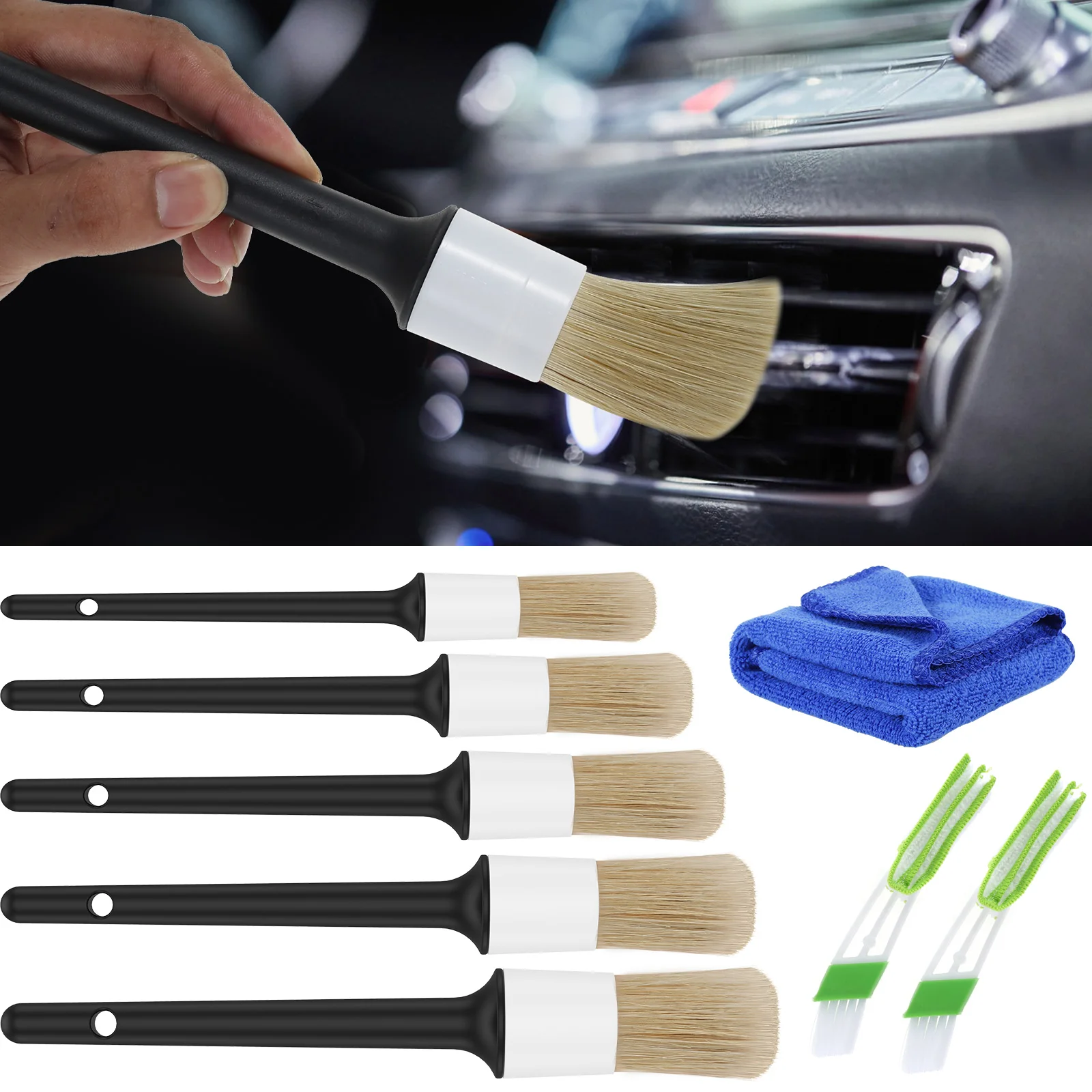 8Pcs Car Detailing Brush Kit Auto Interior Exterior Cleaning Kit Includes 5 Detail Brush Air Conditioner Brush Cleaning Cloth