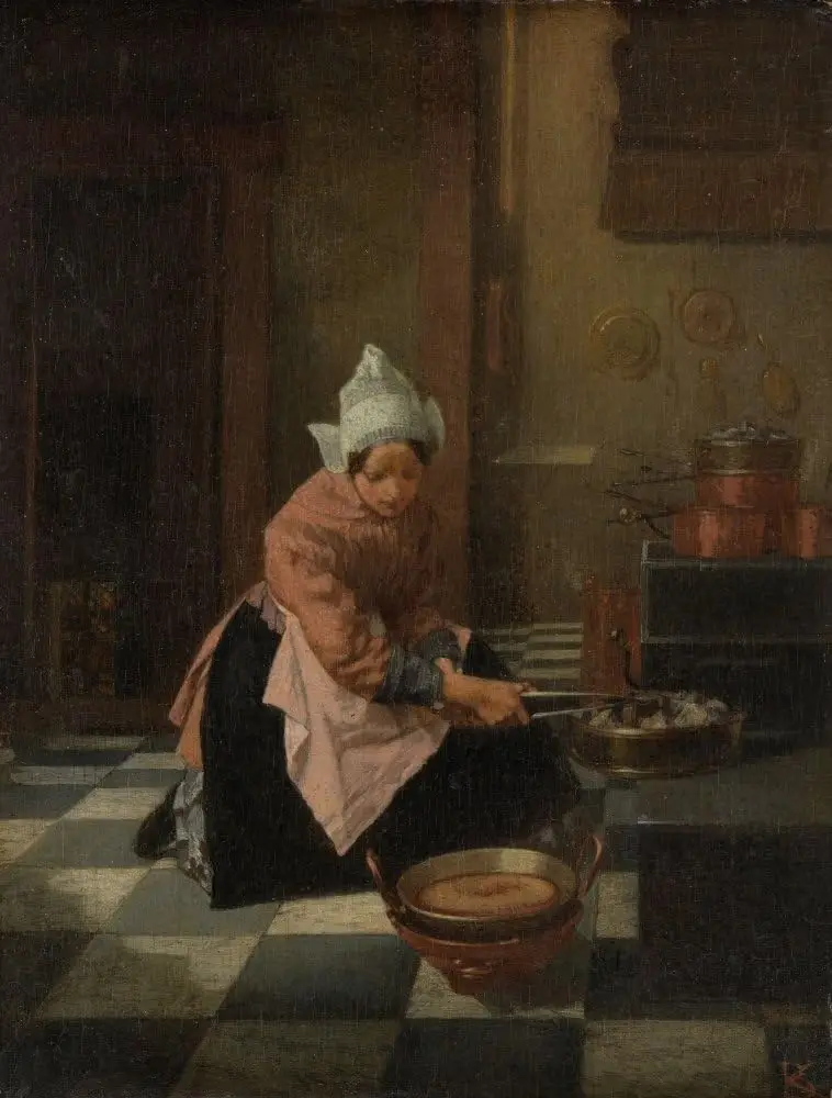 The Waffle Baker By Alexander Hugo Bakker Korff C 1850-82 Dutch Painting Oil On Panel Kitchen Scene Of A Woman With A Waffle Iro