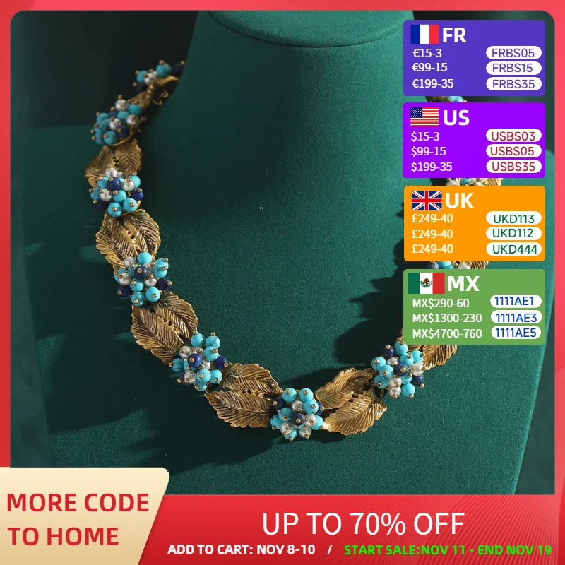 

Винтажное ожерелье с цветком ручной работы, дизайнерское богемное жемчужно-голубое бусины, ювелирные изделия, колье для женщин, античное золото, листья 2025