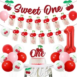 Funmemoir Cherry Theme Red Glitter 1st Birthday Balloon Cake Topper High Chair Banner for Girls Birthday Party Decor Supplies