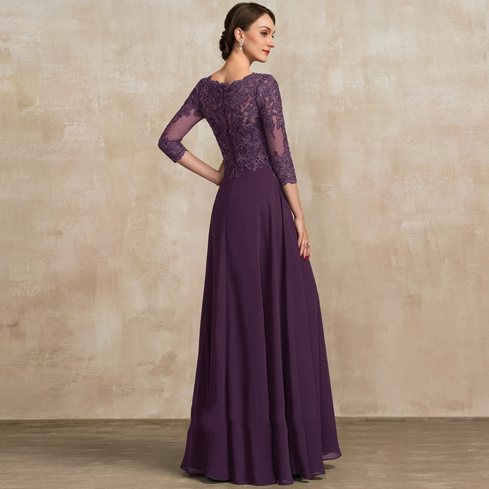 パープルスクープマザードレス 3/4スリーブ ウェディングパーティードレス レディース 2025 夏新作 シフォンビーチローブドソワレ