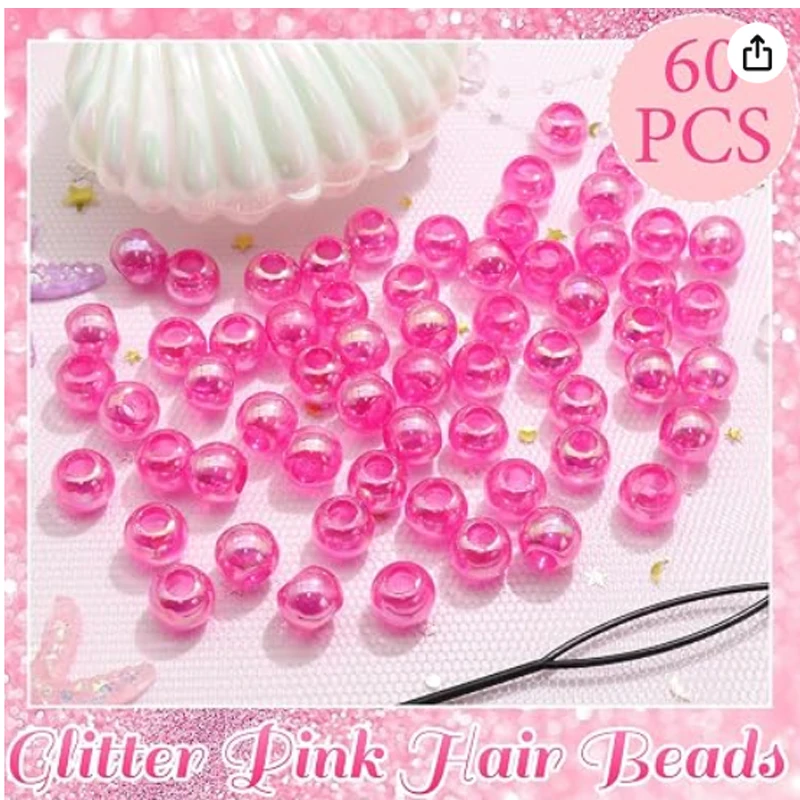 60PCS Iridescent Hair Beads for Braids, Large Hole Acrylic Pony Beads with Beader Tool for Kids Box Braids, Holographic Dreadloc