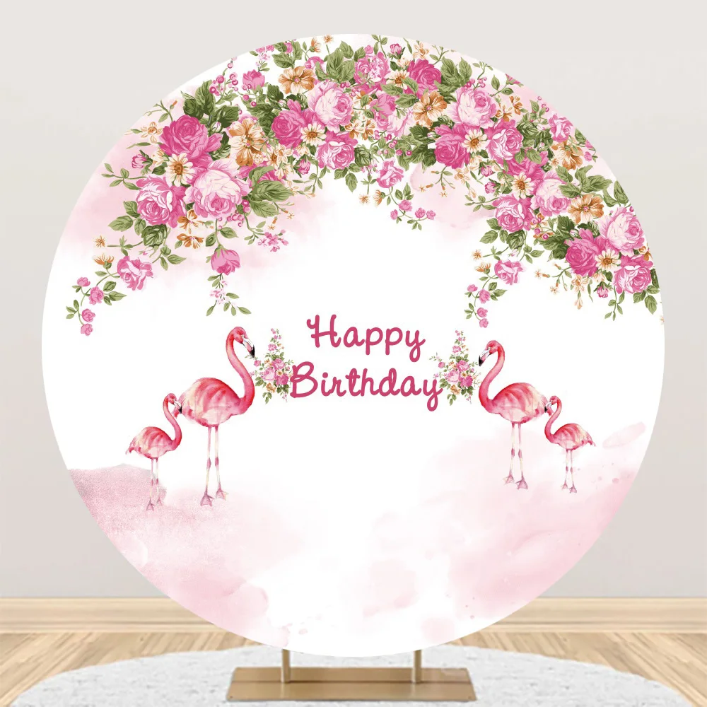 Laeacco Happy Birthday Flamingo Round Backdrop Tropical Palm Leaves Flowers Child Adult Birthday Portrait Photography Background