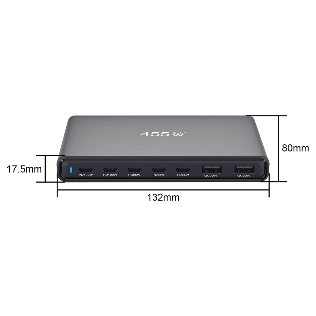 7-Port 455W GaN Desktop Charger Ultra-Slim Multi-Port USB-C 5C2A Fast Charging Station Adapters for Phones Tablets Dropshipping