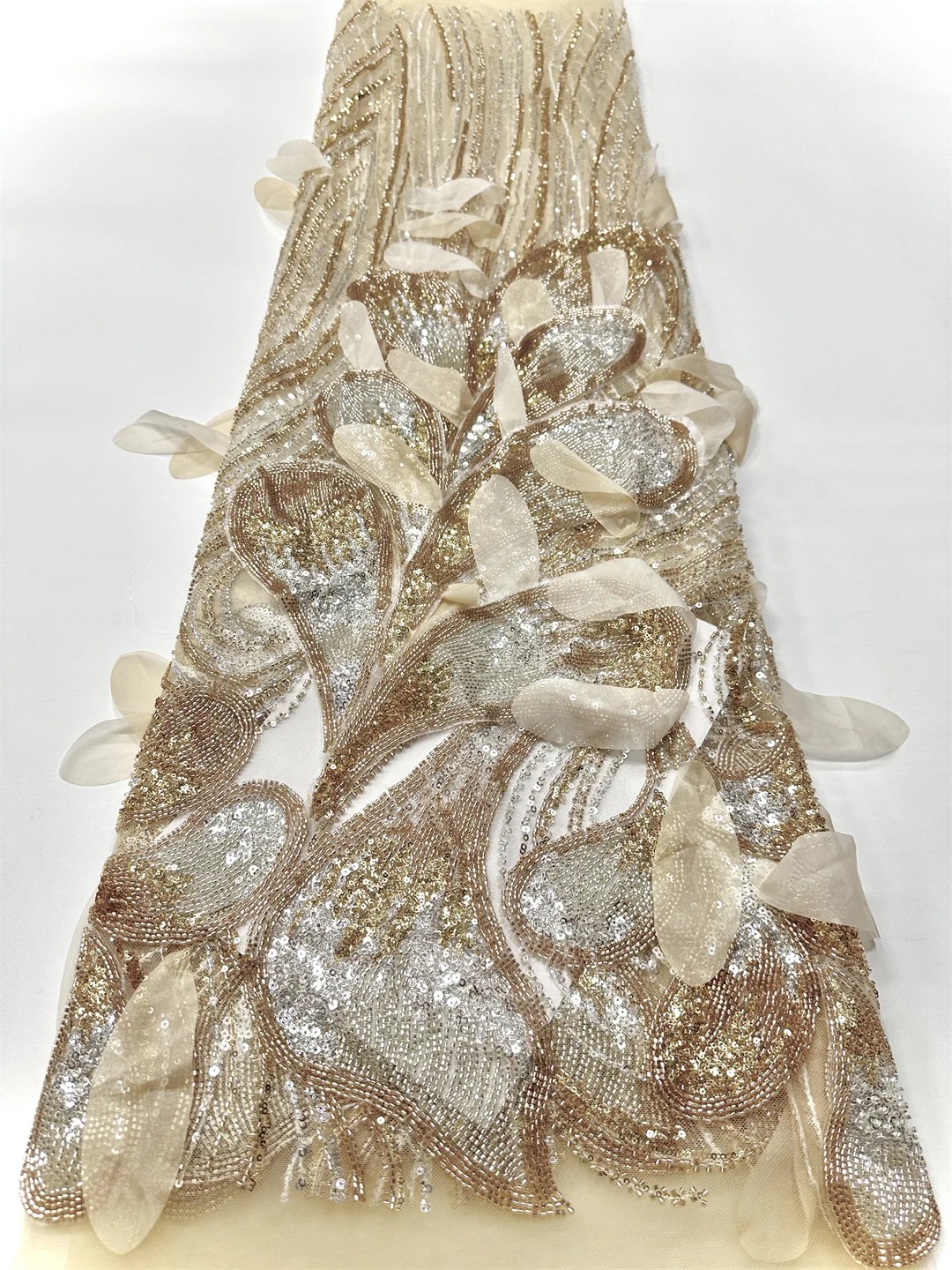 Di lusso 3D Del Merletto Africano Perline Pesanti Tessuto di Pizzo di Alta Qualità 5 Metri Nigeriano Paillettes Francese Tessuto di Tulle Materiale Per La Cerimonia Nuziale