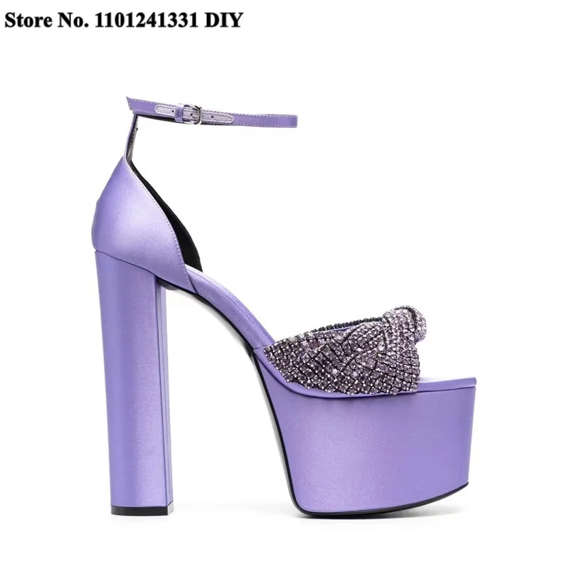 

Purple Satin Chunky Platform High Heel Sandals with Scattering Crystals Ankle Strap Twist Shoes Women Platform Party Shoes