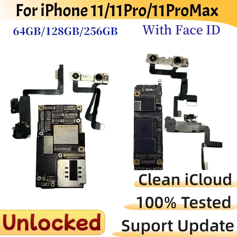 Placa base probada desbloqueada para iPhone 11, 11 Pro y 11 Pro Max con/sin placa lógica de identificación facial, compatible con actualización, placa base iCloud limpia