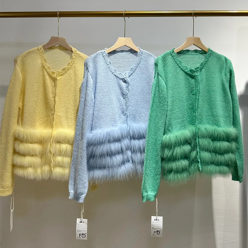 2025 ผู้หญิงขนสุนัขจิ้งจอกจริงตกแต่งภายนอกLadyแฟชั่นฤดูใบไม้ร่วงบางเสื้อกันหนาวถักเดี่ยวBreasted Coat