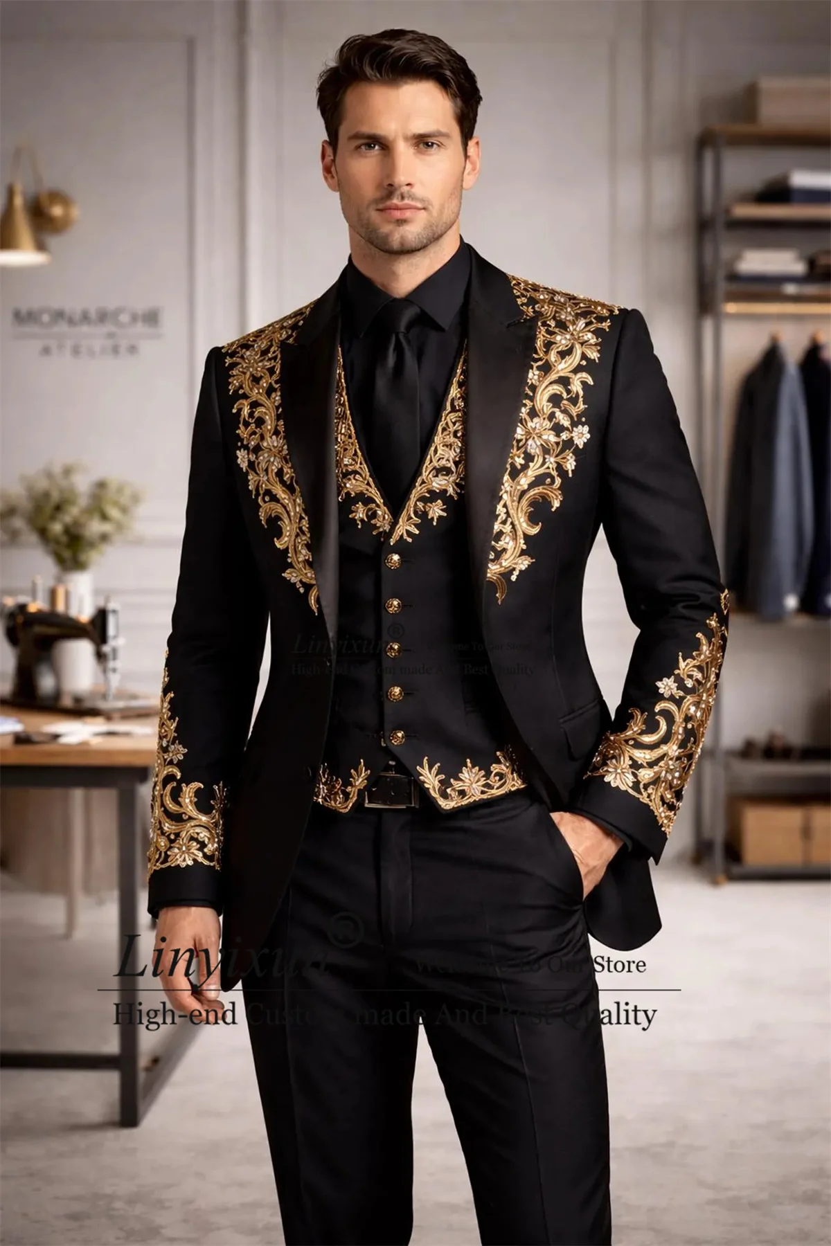

Glitter Metal Embellished Men Suits Customized 3 Pieces Sets Party Prom Blazer Slim Appliques Ropa Groom Wedding Tuxedos Hombre