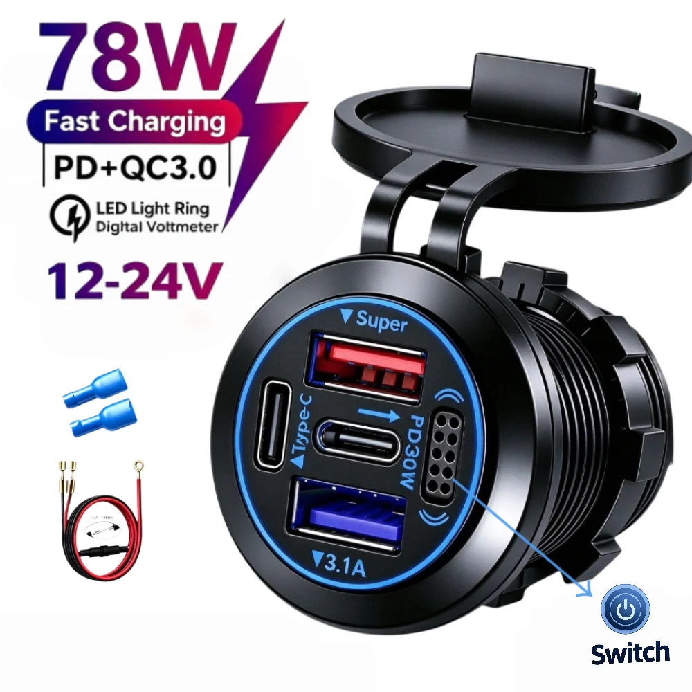 4-Port Car Charger Socket PD30W QC3.0 Fast USB-C Charging Port, 12V-24V Universal for Motorcycle RV Truck Boat