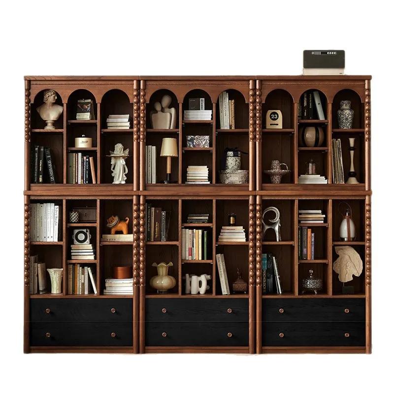 

2025 new French retro solid wood bookcase living room full wall integrated locker study combination medieval locker