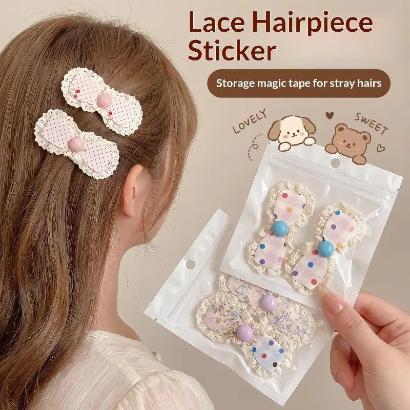 2 Stück koreanische Spitzenaufkleber, Haarspangen zum Sortieren von kaputten Haaren, Mädchen Lolita Blumenschleife, Baby-Pony-Sticker, Kinder-Haaraccessoires – Detail 5