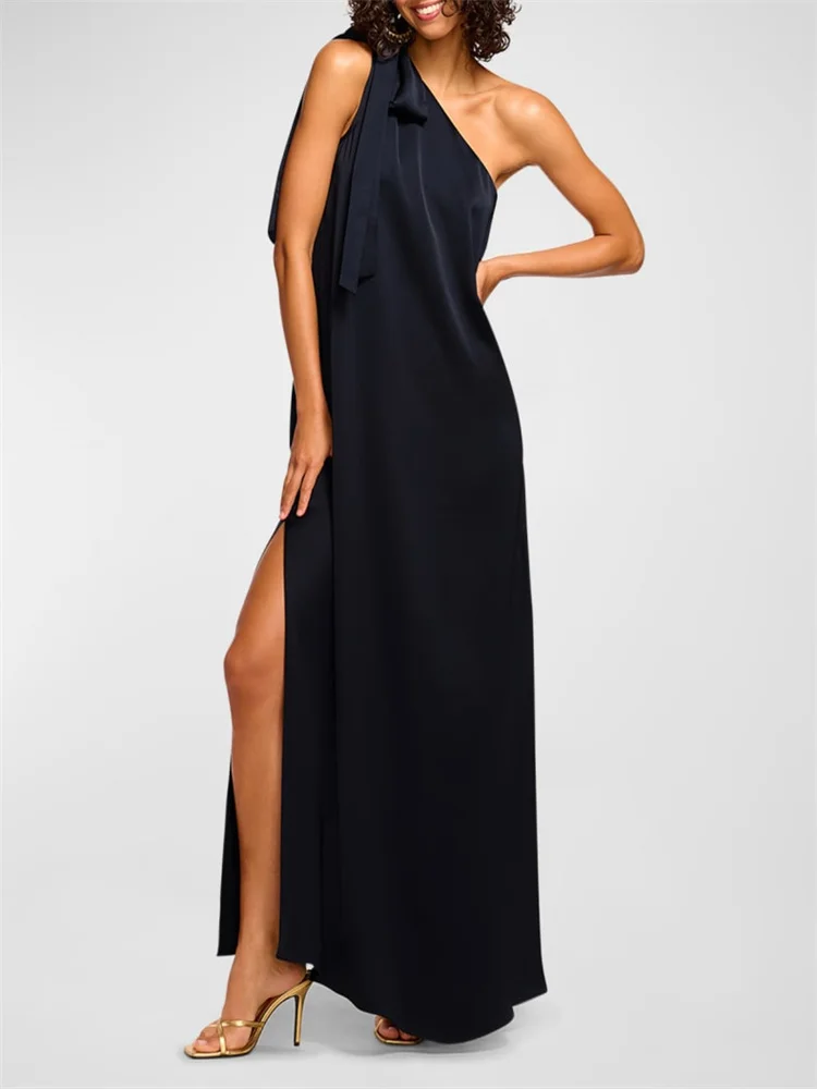 

New Arrival One Shoulder Neckline Sleeveless A-Line Evening Dress Elegant Back Zipper Floor Length Side Slit Gown For Women 2024