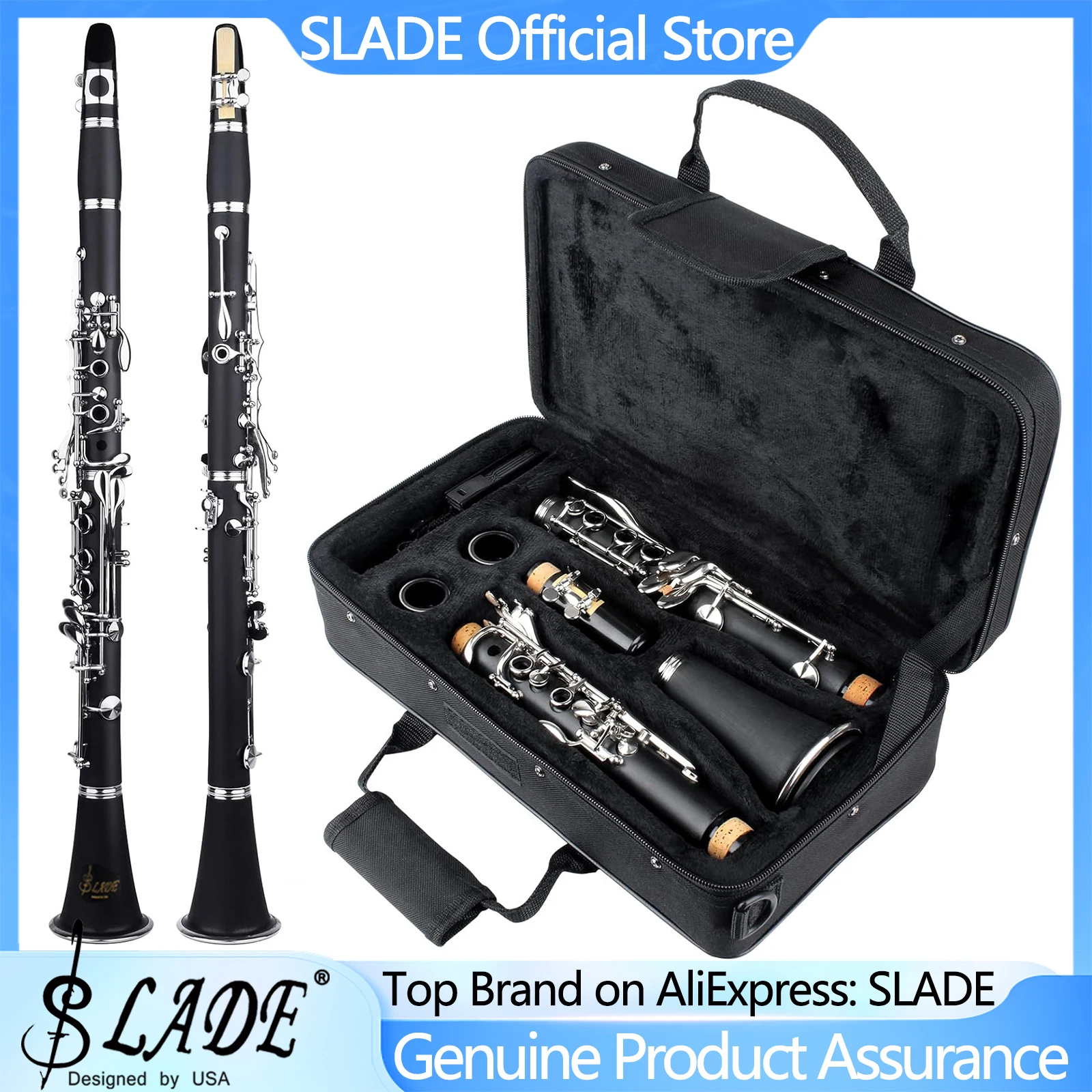 

Кларнет SLADE черный, си-бемоль, 17 никелевых клавиш, для начинающих, в комплекте с 2 мундштуками, жестким футляром и набором для чистки