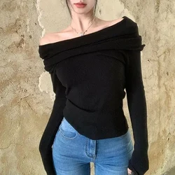 Rimocy Black Sexy Off Shoulder Sweater Women Fashion Slim Long Sleeve Knit Jumpers Woman Elegant Slash Neck Pullovers Female