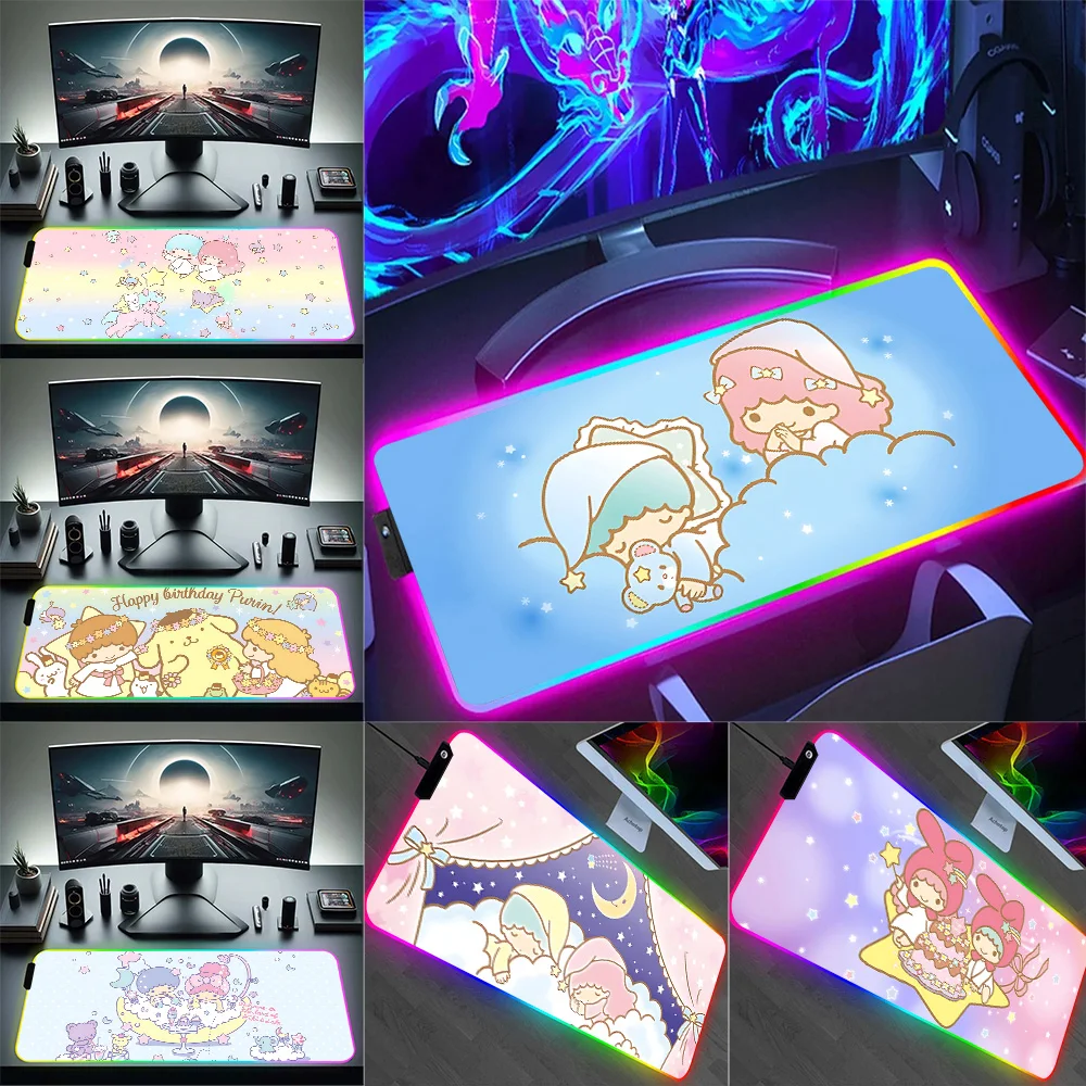 Litter twin stars kiki&lala RGB Pc Gamer Keyboard Mouse Pad Mousepad LED Glowing Mouse Mats Rubber Gaming Computer Mausepad