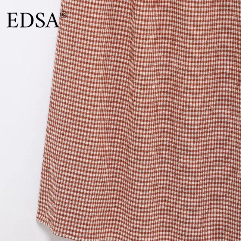 EDSA – robe mi-longue vichy pour femmes, col rond, sans manches, taille haute, smockée, extensible, longue, vacances d'été