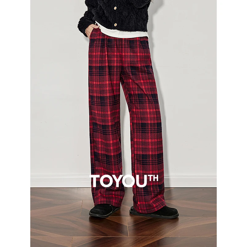 TOYOUTH Women Casual Pants 2024 Autumn and Winter New Plaid Elastic Waist Casual Pants Wide Leg Long Pants