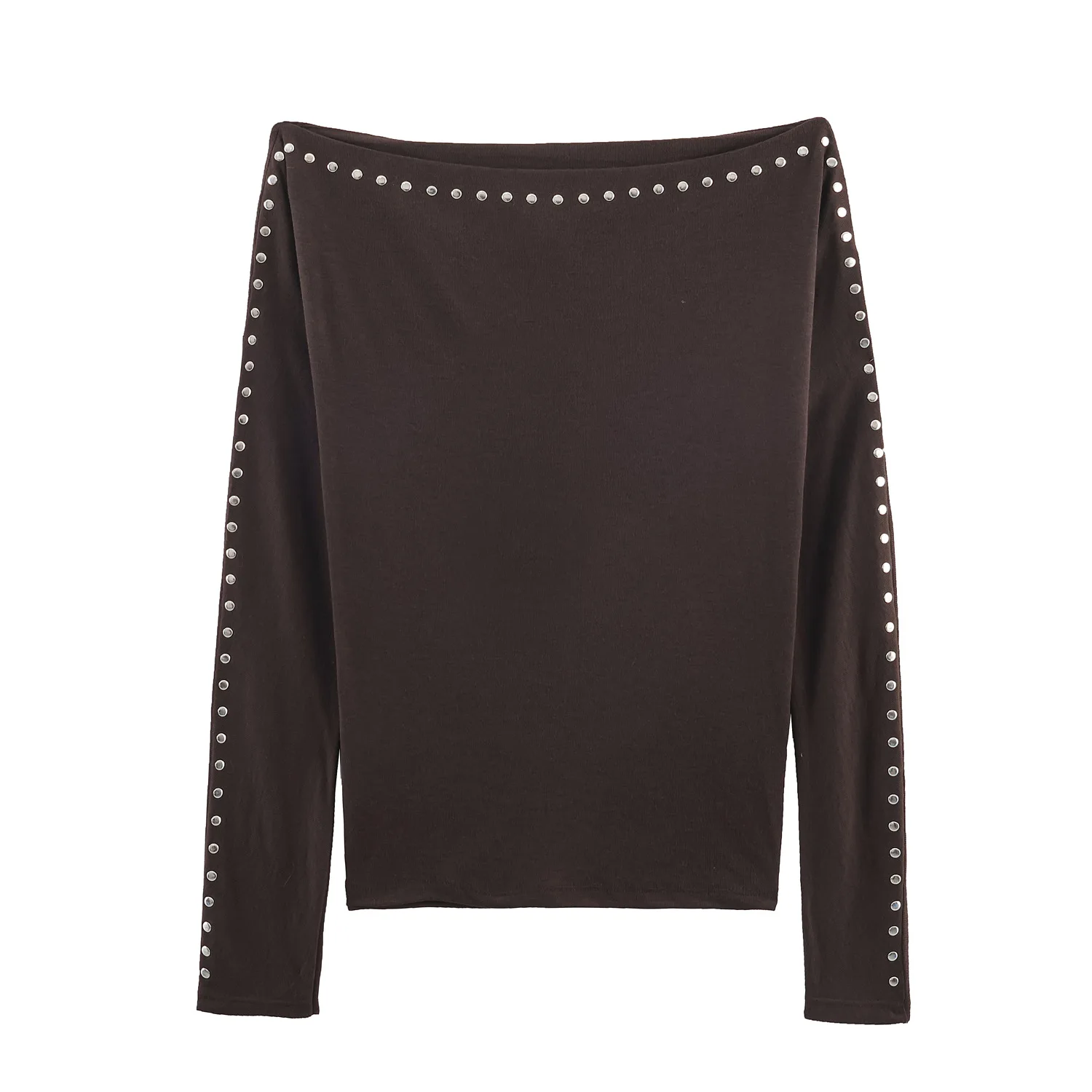 

Женская осенняя футболка с длинными рукавами и заклепками 2025 года, утягивающая талию, рюшами и открытыми плечами