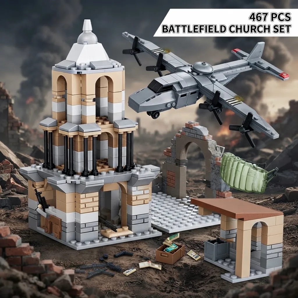 467PCS Military Command Post Building Blocks, Battlefield Barracks Model with Airplane, DIY Toy, Gift for Boys Teens & Adults