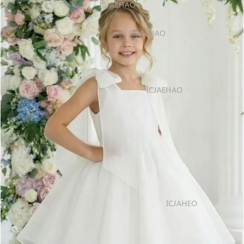 Kids Performance White Simple Host Flower Girl Children Tulle Tutu Sparkly Princess Gown Birthday Party Banquet Clothes Wedding