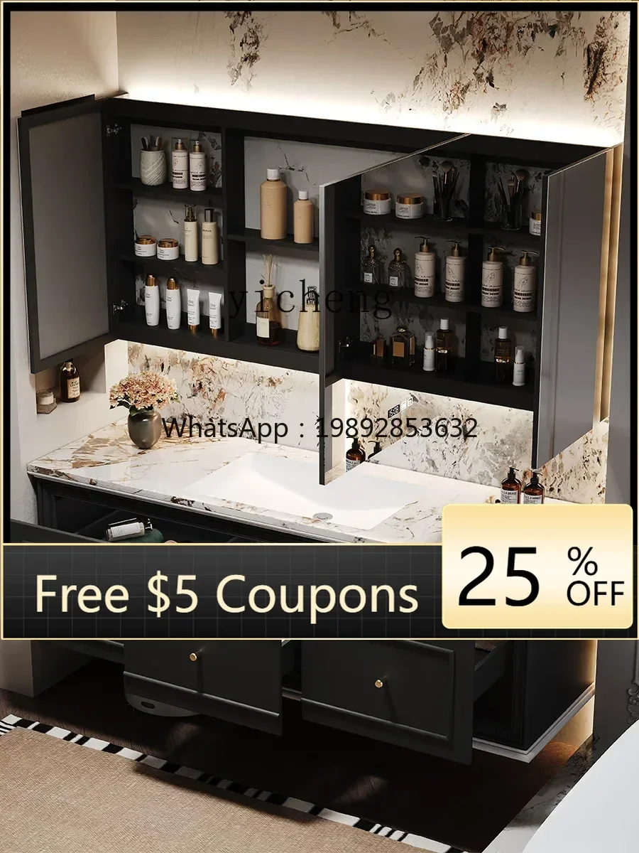 

Cream Wind Resistant Whole Washbin Hanging Rubber Wood Paint Intelligent Bathroom Cabinet Combination Suit