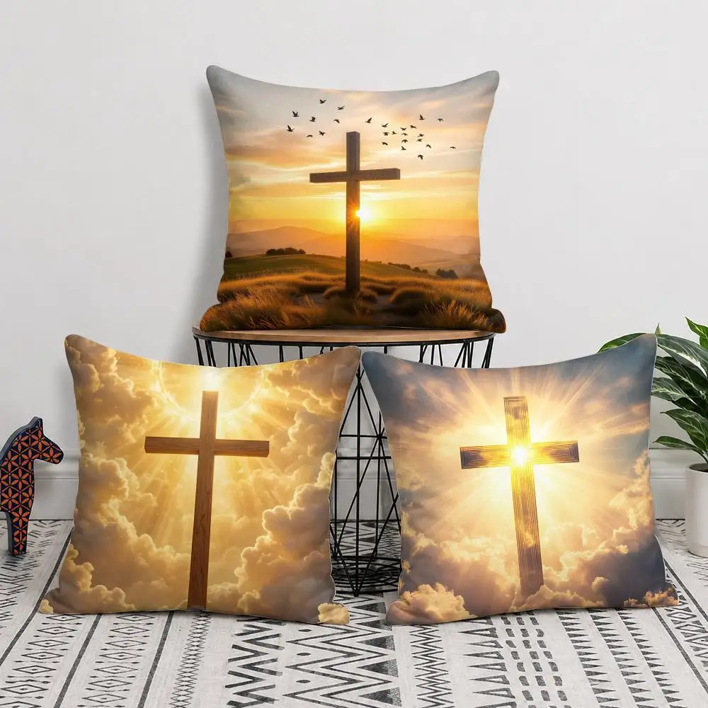 Vintage Cross Cushion Cover Natural Linen Organic Fabric Double-Sided Printing Breathable Perfect for Home Decor
